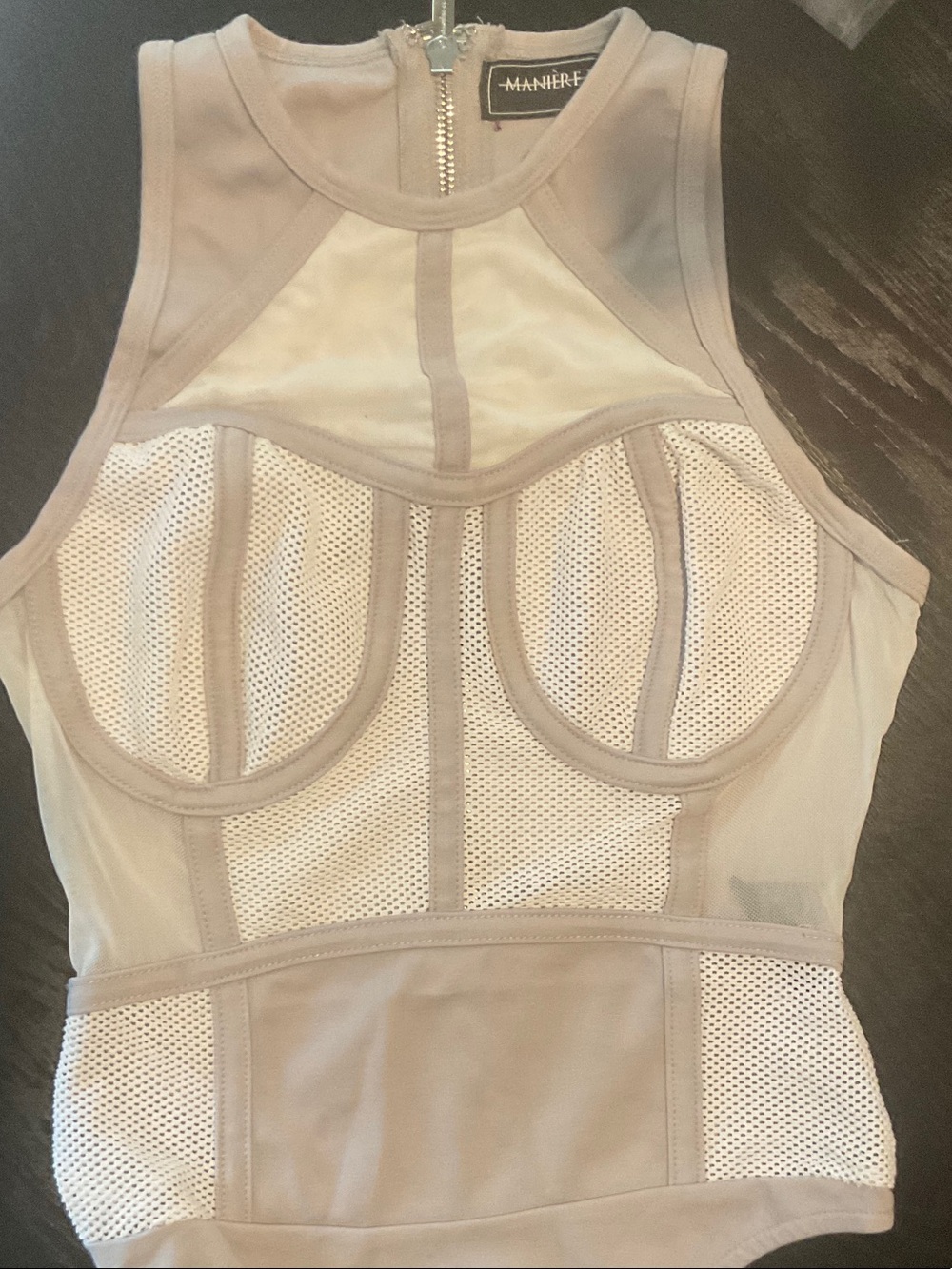 Maniere De Voir Taupe and White Mesh Panel High-Neck Bodysuit